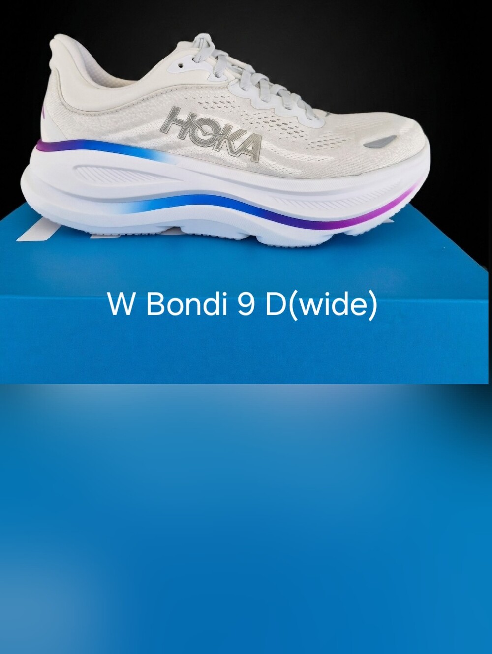 Hoka Women's Bondi 9 Running Shoe - White with Blue & Purple Accents D (WIDE)